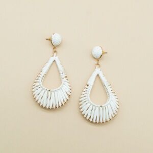 Panacea White Raffia Teardrop Post Hoop Earrings